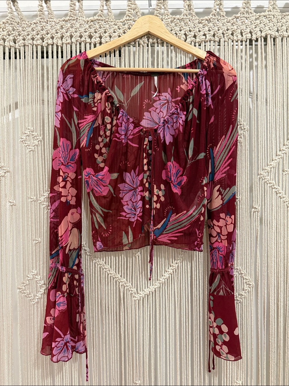 Free People Mesh Floral Long Flounce Sleeve Tie-Front Blouse in Maroon
